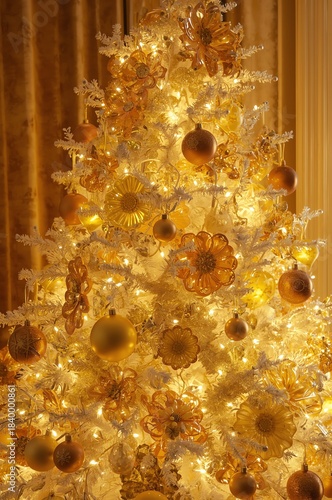 Decorated Christmas tree with gold ornaments