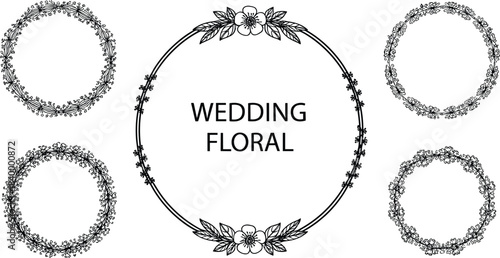 “Elegant hand-drawn floral wedding wreath frames with botanical line art, decorative circular borders perfect for invitations, greeting cards, branding