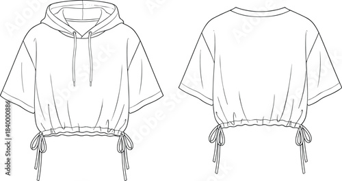 Cropped hoodie technical fashion sketch, short sleeves, drawstring hood, gathered hem with ties, cad drawing flat vector illustration