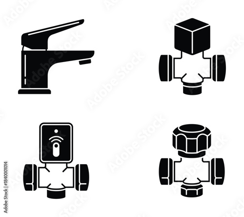 Water tap and plumbing control valves. Smart home technology. Faucet and thermostatic valve glyph icons.