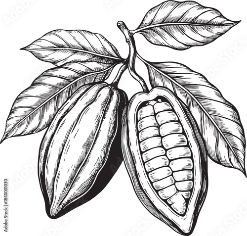 Cocoa bean botanical line art, hand-drawn cacao plant sketch vector illustration