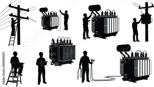 Electrical worker icon set, black silhouette figures and transformer equipment in maintenance poses, cad drawing flat vector illustration