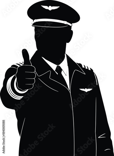 Airline pilot silhouette giving thumbs up gesture, aviation professionalism illustration symbolizing confidence, approval, safety, service quality, and aviation industry themes for design