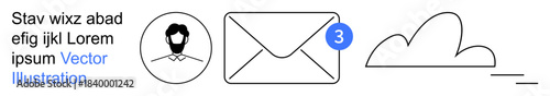 Email systems, notifications, communication tools, digital profiles, cloud storage, messaging apps. Icon of a user profile, an email alert and a cloud. Email systems and notifications concept
