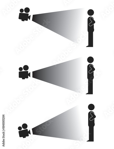 Bundle of isolated illustrations of stick figure silhouettes of camera angles from above, middle and below for photographic illustration images in shooting techniques.