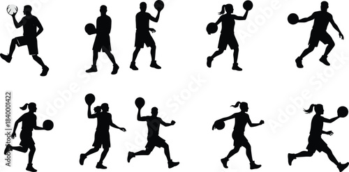 Basketball player silhouettes in dynamic action poses, dribbling and running with the ball, athletic movement illustrations for sports design, training, and motion concepts