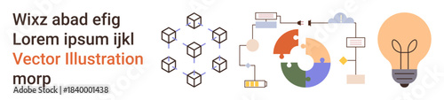 Innovation, teamwork, problem solving, technology, data analysis, creativity. Diagram with puzzle pieces, lightbulb and interconnected cubes. Innovation and teamwork with creative elements