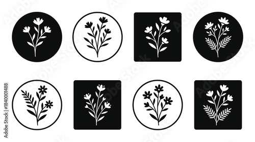 Wild flower icons featuring small blooms on a stem, presented in circular and square frames.