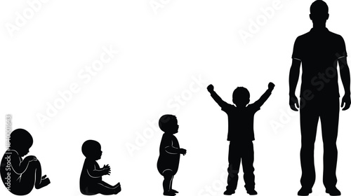Human growth stages silhouette from baby to adult, educational vector, black figures, cad drawing flat vector illustration, development concept