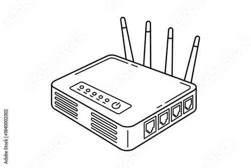 Wireless router isometric drawing. Wifi device for internet connection. Network equipment line art.