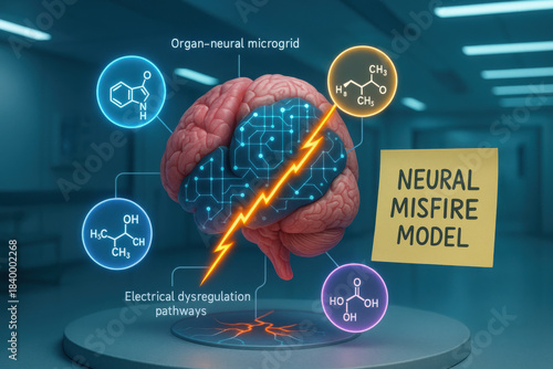 Neural misfire model of brain showing an electrical dysregulation pathway and organ neural microgrid. Futuristic clinic with floating neurotransmitter icons for medical science