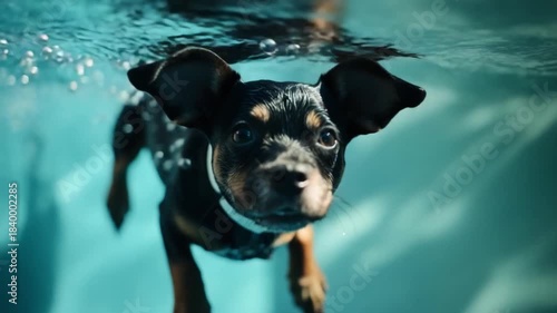 A playful dog swims through clear blue water. Its curiosity shows as it explores the aquatic environment. Enjoy this charming scene of canine adventure. Generative AI