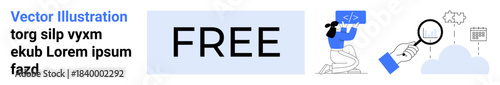 Software development, cloud storage, data analysis, free resources, innovation, creative tools. FREE text and icons programming, magnifying glass cloud. Software development and cloud storage