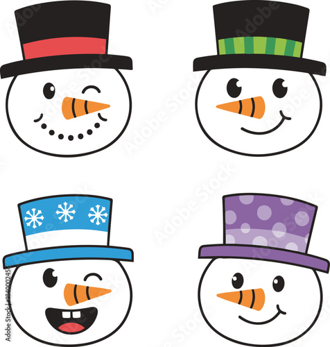 A collection of four cute vector snowman face illustrations wearing colorful patterned top hats, featuring happy and winking expressions with orange carrot noses.