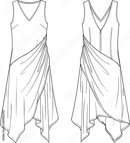 Sleeveless dress technical fashion sketch, asymmetrical hemline, draped detail, V-neck front, cad drawing flat vector illustration design