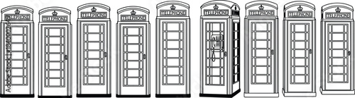 Classic telephone booth vector collection, detailed British phone box illustrations, vintage communication kiosks, traditional public call box designs, isolated line art