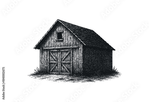 A detailed hand-drawn, black and white illustration depicting a rustic wooden barn or shed with textured walls and an X-braced door, set on a grassy patch — stock illustration.