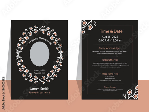 Elegant Black and Gold Floral Funeral Program Event Invitation Template