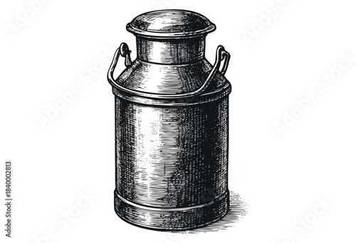 An antique metal milk can with a lid and handle, depicted in a detailed vintage engraving style on a white background — stock illustration.
