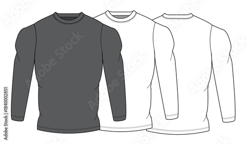 Men's long sleeve compression t-shirt technical line drawing vector mockup template.
