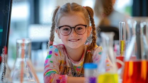 A cheerful girl in glasses smiles brightly at a science experiment table. Colorful test tubes surround her, highlighting curiosity and fun in learning. Generative AI