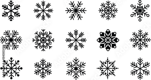 Collection of decorative winter snowflake icons featuring detailed geometric shapes, symmetrical designs, frosty patterns, and festive seasonal elements for holiday graphics