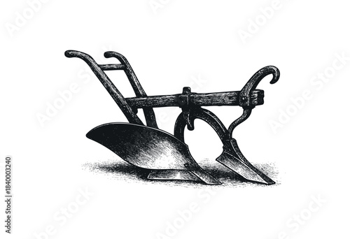 A detailed black and white illustration of a classic antique agricultural plow, representing traditional farming and historical cultivation methods — stock illustration.