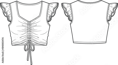 Women’s crop top technical fashion sketch, ruched front, lace ruffle sleeves, V-neckline, cad drawing flat vector illustration design