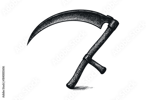 A black and white hand-drawn vector illustration of a traditional scythe, rendered in a vintage etching style, suitable for themes of harvest, agriculture, or mortality — stock vector.
