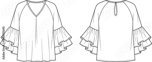 Women’s blouse technical fashion sketch, V-neck front, ruffle sleeve detail, back keyhole, cad drawing flat vector illustration