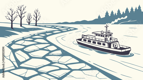 Ferry Boat Sailing on Icy Winter River – Cold Season Transport Illustration