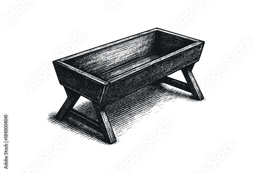 A detailed black and white woodcut-style illustration of an empty rustic wooden planter box on a stand, isolated on white — stock vector.