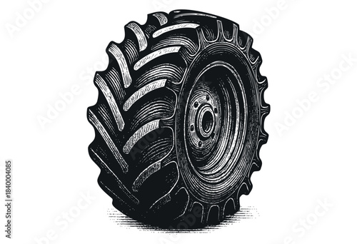 Black and white woodcut-style illustration of a heavy-duty agricultural tractor tire with distinct treads, emphasizing rugged durability — stock vector.