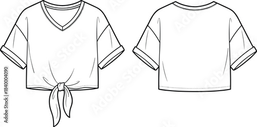 Women’s cropped top technical fashion sketch, tie-front hem, rolled sleeves, V-neckline, cad drawing flat vector illustration design