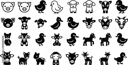 Cute farm animal icons set featuring pigs, cows, ducks, sheep, and horses in simple black and white cartoon style for graphic design