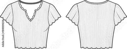 Women’s ribbed top technical fashion sketch, scalloped neckline and hem, short sleeves, cad drawing flat vector illustration design