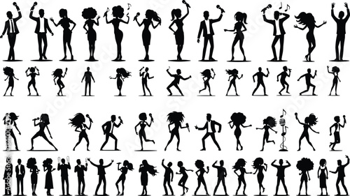 Dancing people silhouette vector set, party dance poses collection, disco music celebration figures, men and women dancers, black festival icons