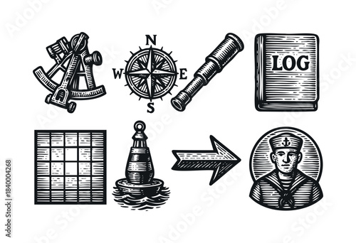 A collection of vintage-style nautical and navigation elements, including a sextant, compass, telescope, logbook, buoy, and a sailor, in a detailed monochrome etched illustration style — stock vector.