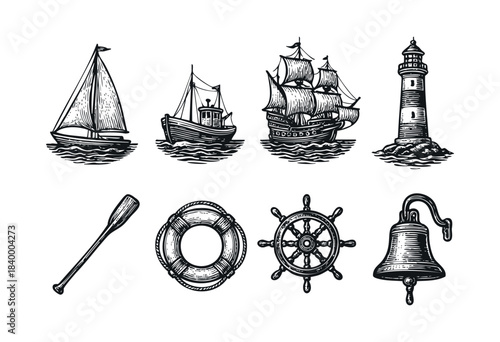 Collection of traditional maritime symbols and boats in a detailed black and white engraving style, perfect for a vintage aesthetic — stock vector.