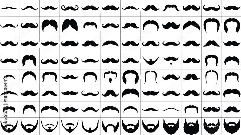 Fototapeta premium Massive Vector Collection of Black Mustache and Beard Silhouettes, Including Various Styles and Shapes, Facial Hair, Men's Fashion, Barbershop, Grooming, Vintage Look, and Hipster Accessories.