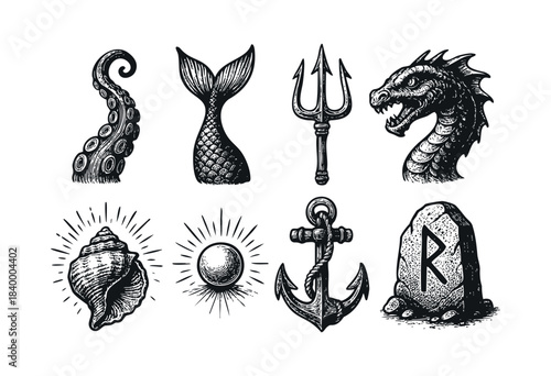 A collection of hand-drawn mythical sea creatures, ancient symbols, and nautical elements in a vintage engraving style, isolated on white background — stock vector.