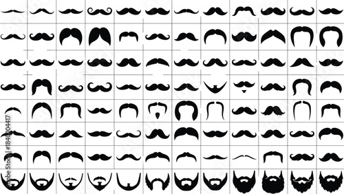 Massive Vector Collection of Black Mustache and Beard Silhouettes, Including Various Styles and Shapes, Facial Hair, Men's Fashion, Barbershop, Grooming, Vintage Look, and Hipster Accessories.