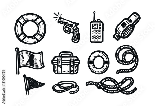 A collection of hand-drawn vector icons representing emergency, safety, and signaling equipment like lifebuoys, ropes, flags, a flare gun, and communication devices — stock vector.