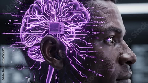Man with glowing purple digital brain overlay representing artificial intelligence.