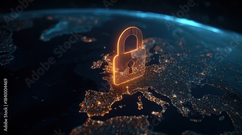 A glowing padlock symbolizes digital security and privacy above a detailed map of Europe, highlighting the importance of cybersecurity in today's world.