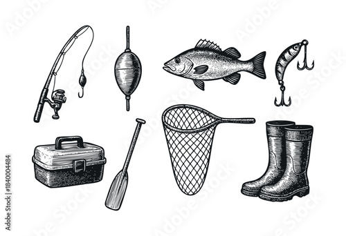 A comprehensive collection of classic fishing equipment and accessories in a vintage engraving style on a white background — stock vector.