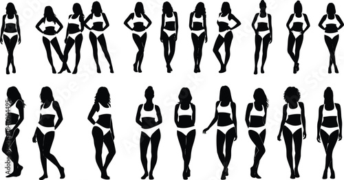 Female body silhouettes in underwear showcasing diverse poses, fashion figure outlines, model shapes, beauty form references for design, illustration, and artistic projects