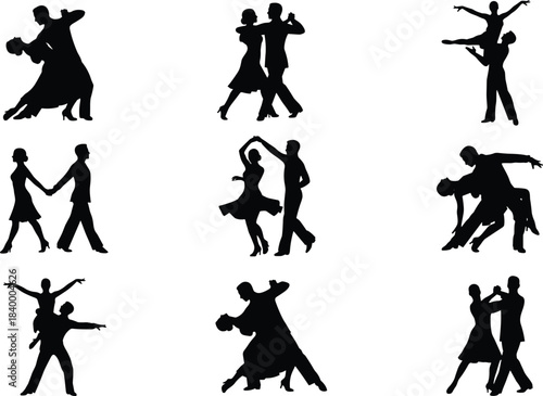 Set of Couples Dancing Silhouettes in Dynamic Ballroom and Latin Poses for Romantic, Elegant, and Event Design Vector