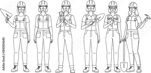 Female construction worker vector set, women in hard hats outline illustration, builder character collection, handyman tools, professional labor concept design