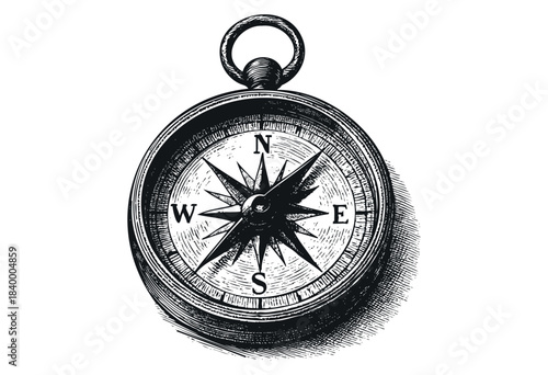 A meticulously detailed vintage compass illustration, rendered in a classic hand-drawn engraving style, pointing to the cardinal directions of North, South, East, and West — stock vector.